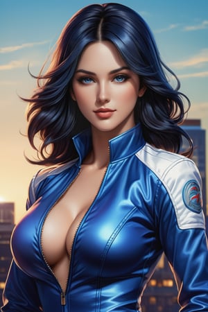 photo realistic, full body (Sarah Jordan), dressed in a very tight blue mary suit king of fighters characters, black hair, long wavy hair (tetradic colors), no mask, night city background, inkpunk, full shot, cel-shading style, centered image, ultra detailed illustration, ink lines, strong contours, art nouveau, MSchiffer art, bold strokes, no frame, high contrast, cellular shading, vector, 32k resolution, best quality, procreation, watercolor technique, poster design, 300dpi, soft lighting, ethereal art, mysterious and serene expression, charming atmosphere, bokeh, photography, 8k, dark and dynamic action, pale faded style, dreamy nostalgic, soft focus, dark vignetting, light leaks, medium photography, art painting of shadows, ethereal photography, whimsical and rough grain