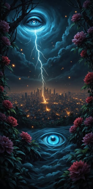 "Ethereal Eye in the Storm": Create a scene with a close-up of a radiant, blue eye emerging from stormy clouds. Surround the eye with intricate vines, adorned with blooming red and pink flowers, and glowing green leaves. In the background, a bustling, golden-lit cityscape emerges from the dark, rolling clouds, while a bolt of lightning cuts through the scene, splitting the sky in half. Small luminous particles float in the air, giving a sense of otherworldly magic. The scene should blend natural and urban elements seamlessly, creating a mystical yet contemporary atmosphere.