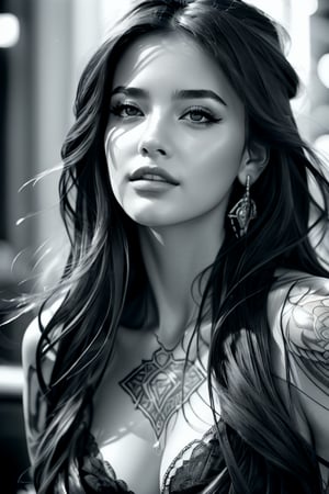 female, fantasy, beauty, in the style of noir comic art, realistic hyper-detailed portraits, tattoo, black and white grayscale, chicano art, realistic yet romantic, flowing lines --ar 23:36 --stylize 750 --v 6,WOWAI