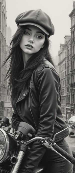 A stunning hyper-realistic charcoal artwork by Sasan, showcasing Maeve, a 18-year-old woman with dark hair and a newsboy cap. She is casually posed with a half-cut leather jacket, leaning on her motorcycle. The background features a captivating cityscape with towering buildings, creating a dynamic contrast between the subject and the urban environment. The artwork is enriched with oil varnish, showcasing deep and rich colors, and pays homage to the beauty of nature through a print collage of a woman's face in the style of Josef Kote, Grunge Beauty, Dain Yoon, and Cyan and Blue. The multi-layered composition and Antonio Mancini's influence result in a captivating and thought-provoking piece, displayed on a sustainable black iron panel. The charcoal sketch invites viewers. 