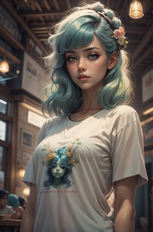  a girl, light green and blue hair, white t shirt,leonardo,REALISTIC