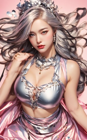  masterpiece, top quality, best quality,(close-up:1) (gradient Metallic tin foil background:1), ((1girl, gradient gradient hair)), ( gradient Metallic tin foil dress, pink eyeshadows)