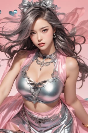  masterpiece, top quality, best quality,(close-up:1) (gradient Metallic tin foil background:1), ((1girl, gradient gradient hair)), ( gradient Metallic tin foil dress, pink eyeshadows)