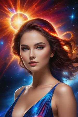 A cosmic explosion unfolds before a mystical woman, bathed in the warm glow of a distant star. Her enigmatic gaze is fixed on the spectacular supernova, as vibrant hues of crimson, gold, and electric blue erupt across the darkness of space. The contrast between the woman's shadowy figure and the radiant colors creates an air of mystery, while the stunning digital artwork masterfully captures the celestial event's breathtaking beauty.