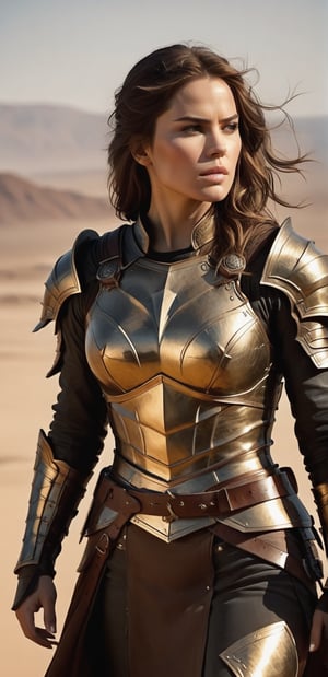 A masterpiece of cinematography captures a powerful warrior woman standing proudly in a vast desert landscape. Brown hair cropped close to her strong jawline, she wears leather armor adorned with fine scratches that tell tales of battles fought and won. A short sword rests at her side, a symbol of her unyielding spirit. The camera's high-quality lens renders every detail with precision, as the warm desert sun casts a golden glow on her rugged features.