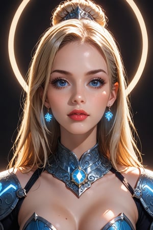 glowing white runes, A beautiful woman with blonde hair and blue eyes, she's wearing glowing rune armor, portrait, glowing white runes on her face, cartoon, cartoon realistic,