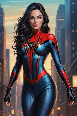 photo realistic, full body (Sarah Jordan), dressed in a very tight spider woman suit, black hair, long wavy hair (tetradic colors), no mask, night city background, inkpunk, full shot, cel-shading style, centered image, ultra detailed illustration, ink lines, strong contours, art nouveau, MSchiffer art, bold strokes, no frame, high contrast, cellular shading, vector, 32k resolution, best quality, procreation, watercolor technique, poster design, 300dpi, soft lighting, ethereal art, mysterious and serene expression, charming atmosphere, bokeh, photography, 8k, dark and dynamic action, pale faded style, dreamy nostalgic, soft focus, dark vignetting, light leaks, medium photography, art painting of shadows, ethereal photography, whimsical and rough grain