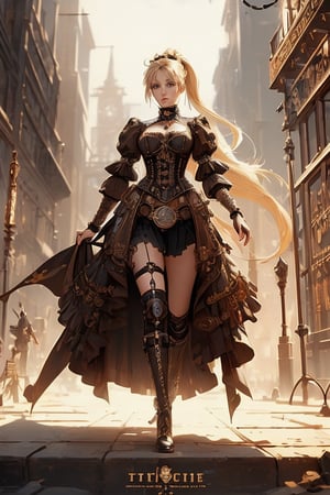 (Best Quality, Masterpiece), (steampunk theme), centered, front cover of fashion magazine, concept art, design, magazine design, 1girl, cute, blonde ponytail hair, gothic steampunk dress, model pose, (epic composition, epic proportion), vibrant color, text, diagrams, advertisements, magazine title, typography,