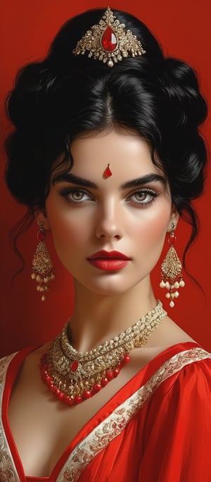 More about Elegant Portrait: Woman in Red and White An illustrated portrait of a woman with striking eyes and black hair, wearing a red and white historical dress, adorned with elegant jewelry.