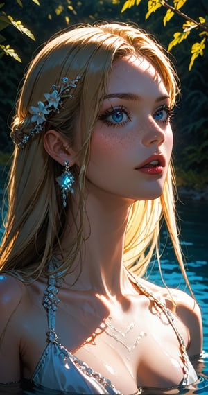  score_9, score_8_up, score_7_up,lilandavastyle, masterpiece, realistic, Expressiveh, 1 girl, solo, 19 years old, parted lips, slim build, refined beauty, medium round breasts, close up, upper body
Pale blonde hair flowing like water, wearing a delicate white gown with intricate blue embroidery, body framed in a full-length shot, standing knee-deep in a crystal-clear lake, slender arms outstretched, background of a serene Scandinavian lake surrounded by dense pine trees, dawn with soft pink and purple hues in the sky, an ethereal and hauntingly beautiful expression, pale blue eyes, skin glowing with an otherworldly light, the air around her filled with a mystical aura.