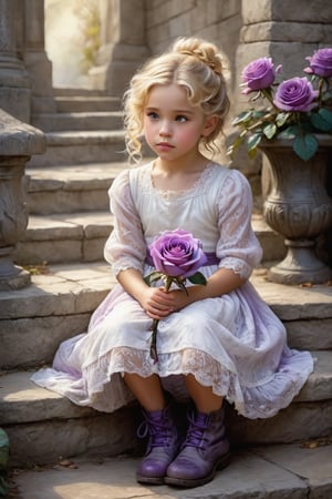Wistful Whispers: A fantasy-colored sketch captures a beautiful little girl sitting side-on, her curly blonde locks tied in a bun, wearing a flowing white lace dress and rugged boots. She cradles a majestic purple rose, her eyes gazing wistfully into the distance. The scene unfolds on stone steps, framed by an ornate black railing that creates a stunning bokeh effect.