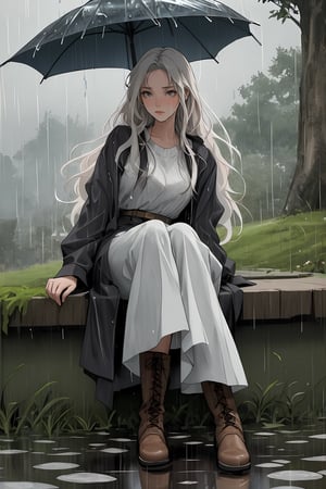 A digital illustration of a melancholic scene with a young woman sitting in the rain, holding a jar labeled 'Memories.' The woman has long, flowing white hair and is dressed in dark, rugged clothing with knee-high boots. She is sitting cross-legged on the wet ground, and the background is dark and rainy, enhancing the somber mood. Her hair and the rain have a dynamic, flowing quality, adding a sense of movement to the image.