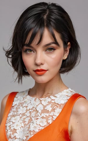(best quality,4k,8k,highres,masterpiece:1.2),ultra-detailed,(realistic,photorealistic,photo-realistic:1.37), 1girl, solo, looking at viewer, short hair, bangs, black hair, orange dress, parted lips, (orange and white dress:1.2), professional photography