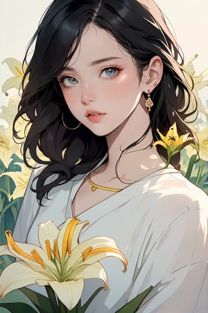 (Cinematic lighting, bloom), (outdoor), (Best Quality, Masterpiece, high resolution), (beautiful and detailed eyes), (realistic detailed skin texture), (detailed hair), (realistic light and detailed shadow), (real and delicate background), (half body), 1girl, A lady with long black hair, hair flower, earrings, chinese style Clothing, ancient cheongsam, Collarbone, Disgusted Scowl, parted lips, Transparent watercolor, ((yellow lily)), mucha art style,ancient_beautiful,better_hands
