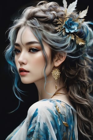 Here is a prompt for an SD model to generate the desired image:

A mystical Japanese elf girl with porcelain skin and wispy, curly brown-black-white hair styled like Carne Griffiths' work. She wears a simple charcoal-white background, gazing down with oversized blue haze eyes that seem to hold secrets. Her textured tresses cascade down her back, adorned with intricate gold filigree jewelry. The side view framing highlights the curves of her upper body, while the soft pastel pencil illustration style and midjourney's 8k resolution bring forth a dreamlike quality.