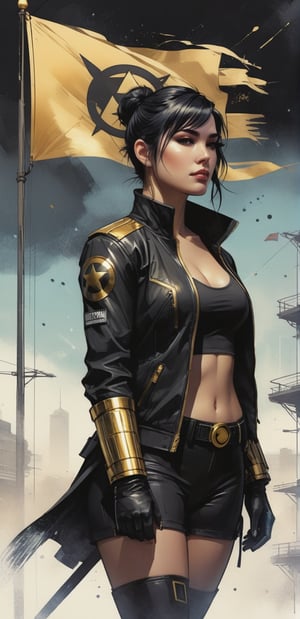 Athena, urban Comics, black and gold flag ornaments, Marvel, sci fi, highly technology, iconographic, glitch background, , watercolor, ink, mist, interactive image, highly detailed, art style by Clayton Crain + Ross Tran + Rachel Walpole + Jeszika Le Vye + Dan Volbert + Simon Stalenhag + Brian Stelfreeze