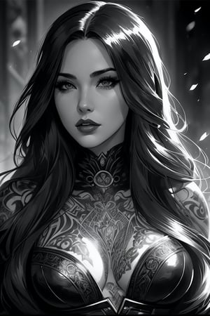female, fantasy, beauty, in the style of noir comic art, realistic hyper-detailed portraits, tattoo, black and white grayscale, chicano art, realistic yet romantic, flowing lines --ar 23:36 --stylize 750 --v 6