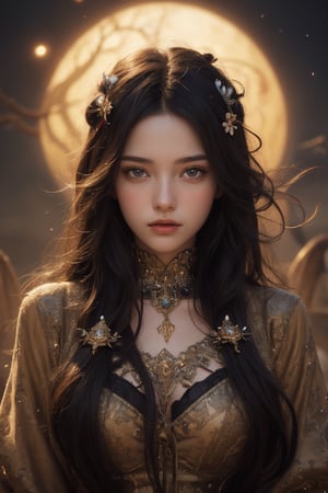  official art,beautiful and aesthetic,1girl,long hair,beautiful face,detailed eyes,colorful,jewelry,night,(realistic:1.5),extreme detailed,(fractal art:1.3),witch,