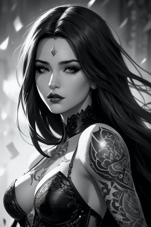 female, fantasy, beauty, in the style of noir comic art, realistic hyper-detailed portraits, tattoo, black and white grayscale, chicano art, realistic yet romantic, flowing lines --ar 23:36 --stylize 750 --v 6