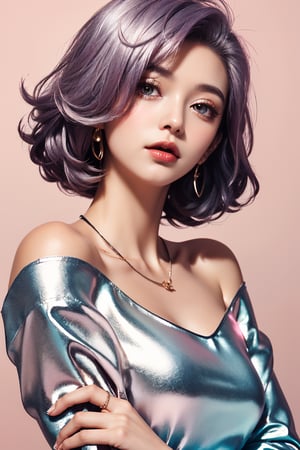  masterpiece, top quality, best quality,(close-up:1) (gradient Metallic tin foil background:1), ((1girl, gradient gradient hair)), ( gradient Metallic tin foil dress, pink eyeshadows)