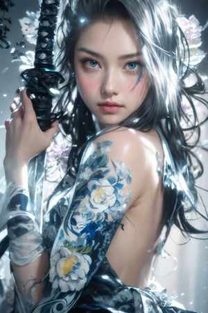  close-up,portrait,Line art,splatter,minimalist elegance,beautiful blue enchantress rose fairy,Tang Dynasty royal face ancient style beauty,high-definition fashion photography,high-end,ambiguous atmosphere,a woman with blue flowers on her face,in the style of anime art,luminous and dreamlike scenes,yanjun cheng,made of crystals,light white and silver,john pitre,cute and dreamy,in the style of chinapunk,romantic scenery,animated gifs,photo-realistic hyperbole,dark white and dark beige,heistcore,strip painting,Bright background,detailed depiction,Delicate face and costume details,lifelike appearance HD 16K,cinematic lighting,chiaroscuro,Arbitrary view,Medium Shot,hyperrealism,Hollywoodtyle,photography,HD Details,Detail Expression,Rich Details,