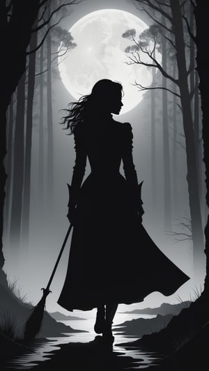 Against a pitch-black AMOLED wallpaper, the woman's silhouetted form emerges in stark contrast. In an illustration style reminiscent of Jakub Rozalski, her figure is rendered in delicate detail, with intricate textures and subtle shading. The minimalist background allows her shape to take center stage, as if she's been cut from a fantasy realm and deposited onto this dark, magical canvas.