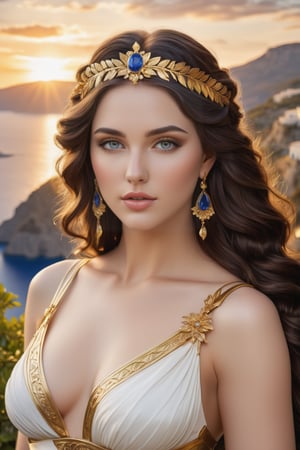 A divine portrait of Aphrodite, Goddess of Love and Beauty, radiating enchanting beauty. The camera captures her stunning visage in exquisite detail, with piercing eyes that shine like sapphires under soft, golden lighting. Her raven tresses cascade down her porcelain skin, framing a face of unmatched charm. In the background, a serene, idyllic landscape of Greek Mythology-inspired architecture and lush greenery complements her full-body pose, exuding elegance and sophistication.