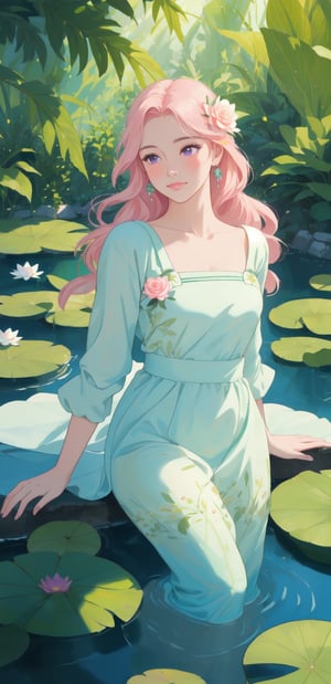 (best quality,realistic:1.37),A girl surrounded by beautiful water lilies,in a serene garden,with vibrant colors and sharp focus,illuminated by soft sunlight.Her eyes are detailed and captivating,with long eyelashes.The girl's face is extremely detailed,with a flawless complexion and rosy cheeks.Her lips are beautifully detailed,painted in a gentle pink shade.She is wearing an elegant white dress that flows gracefully around her.Vivid green leaves of various shapes and sizes frame the scene,creating a lush and peaceful atmosphere.The water lilies float delicately on the tranquil pond,their petals displaying shades of pink, purple, and white,while their leaves provide a vibrant green contrast. The sunlight reflects on the surface of the water,creating a shimmering effect.The garden is filled with the fragrance of flowers and the sound of buzzing insects,adding to the overall sensory experience.It is a masterpiece of nature, captured in this photorealistic painting.