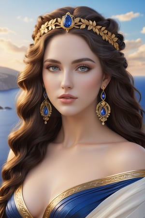 A divine portrait of Aphrodite, Goddess of Love and Beauty, radiating enchanting beauty. The camera captures her stunning visage in exquisite detail, with piercing eyes that shine like sapphires under soft, golden lighting. Her raven tresses cascade down her porcelain skin, framing a face of unmatched charm. In the background, a serene, idyllic landscape of Greek Mythology-inspired architecture and lush greenery complements her full-body pose, exuding elegance and sophistication.