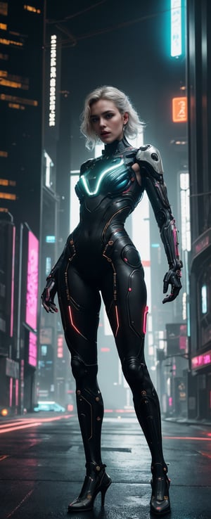 A futuristic cyberpunk scene unfolds on a stark white background. A figure stands tall, full-body radiating passion and confidence. Rich colors of neon hues illuminate the environment, casting an otherworldly glow. Neural networks-inspired circuitry patterns adorn the subject's attire, blending seamlessly with bright, vibrant accents. Machine learning algorithms have distilled the essence of cyberpunk into a hyper-realistic masterpiece, as if plucked from an 8K octane render. Elegant photorealism reigns supreme in this 9:16 aspect ratio epic.