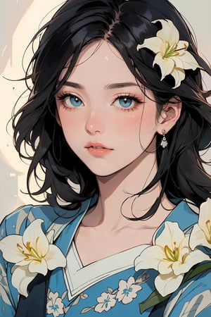 A Cinematic Masterpiece: A half-body portrait of a lovely lady with long black hair adorned with a hair flower, donning a stunning ancient cheongsam with intricate collarbone details. Her beautiful eyes, with realistic detailed skin texture, seem to hold a disgusted scowl, parted lips pursed in disapproval. Soft, warm lighting with bloom effect illuminates her delicate features, while the background subtly fades into a transparent watercolor of yellow lilies, reminiscent of Mucha's art style.