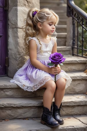 Fantasy colored sketch and alcohol ink. Side view of a beautiful little girl with long, curly blonde hair in a bun, wearing a white lace dress and boots, holding a purple rose and sitting on the stone steps in front of a door. The bokeh features the beautifully intricate black railing of the stone stair handrail.