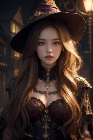  official art,beautiful and aesthetic,1girl,long hair,beautiful face,detailed eyes,colorful,jewelry,night,(realistic:1.5),extreme detailed,(fractal art:1.3),witch,