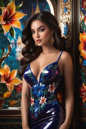 In a majestic, dark atmosphere, an exotic, voluptuous princess is depicted amidst intricate, elegant ceramic tile art featuring beautiful flowers. The smooth, sharp focus showcases the subject's refined features as she poses in front of a stunning, 8K ultra-detailed backdrop. Glowing effects enhance the ambiance, while vibrant colors pop against the rich, atmospheric background. With a deep depth of field and cinematic sensuality, this humorous illustration is a Masterpiece of concept art, blending hyperrealistic details with modelshoot style flair.,1 girl, 