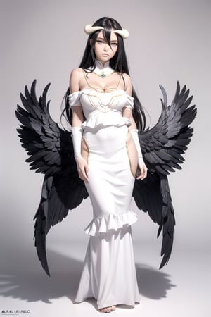 //Quality,
masterpiece, best quality
,//Character,
1girl, solo
,//Fashion,
,//Background,
white_background
,//Others,
,al1, demon horns, white gloves, white dress, bare shoulders, detached collar, cleavage, slit pupils, black wings, feathered wings, low wings,white dress,detached collar, full_body