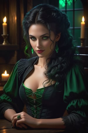 In a dimly lit, smoky tavern, a dark mysterious vampire woman sits alone at a wooden table. Her striking features are illuminated by the flickering candlelight as she gazes into the shadows, her piercing grey eyes gleaming with an otherworldly intensity. Her raven-black shirt is a stark contrast to the vibrant green hue of her wild, untamed hair, which cascades down her back like a waterfall of emeralds. Sharp fangs glint in the candlelight as she smiles to herself, lost in thought.