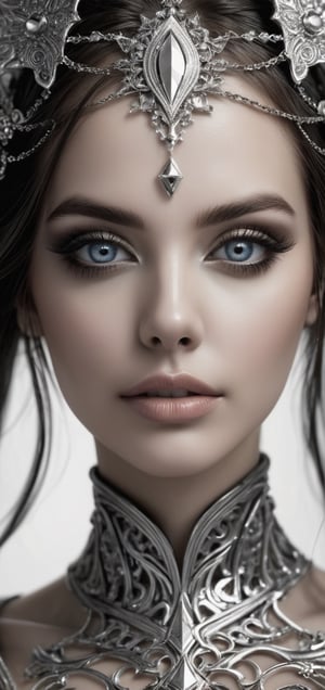 (Black and white, intricate details, close-up of a woman's face with an intricate design, 3DCGI anime fantasy artwork, necro, detailed patterned skin, abstract fragments, impressive eyes, mixed media, 3D rendering Silver painting, symmetrical beauty, ambient occlusion rendering, psytrance), Detailed Textures, high quality, high resolution, high Accuracy, realism, color correction, Proper lighting settings, harmonious composition, Behance works girl,goth person


