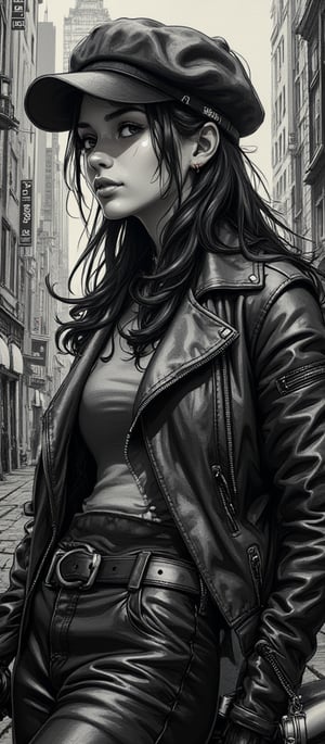 A stunning hyper-realistic charcoal artwork by Sasan, showcasing Maeve, a 18-year-old woman with dark hair and a newsboy cap. She is casually posed with a half-cut leather jacket, leaning on her motorcycle. The background features a captivating cityscape with towering buildings, creating a dynamic contrast between the subject and the urban environment. The artwork is enriched with oil varnish, showcasing deep and rich colors, and pays homage to the beauty of nature through a print collage of a woman's face in the style of Josef Kote, Grunge Beauty, Dain Yoon, and Cyan and Blue. The multi-layered composition and Antonio Mancini's influence result in a captivating and thought-provoking piece, displayed on a sustainable black iron panel. The charcoal sketch invites viewers. 