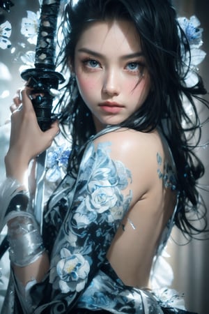  close-up,portrait,Line art,splatter,minimalist elegance,beautiful blue enchantress rose fairy,Tang Dynasty royal face ancient style beauty,high-definition fashion photography,high-end,ambiguous atmosphere,a woman with blue flowers on her face,in the style of anime art,luminous and dreamlike scenes,yanjun cheng,made of crystals,light white and silver,john pitre,cute and dreamy,in the style of chinapunk,romantic scenery,animated gifs,photo-realistic hyperbole,dark white and dark beige,heistcore,strip painting,Bright background,detailed depiction,Delicate face and costume details,lifelike appearance HD 16K,cinematic lighting,chiaroscuro,Arbitrary view,Medium Shot,hyperrealism,Hollywoodtyle,photography,HD Details,Detail Expression,Rich Details,