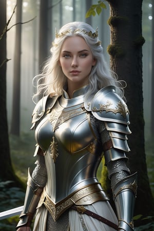 A majestic female knight stands proudly in a dimly lit, misty forest clearing. Her long white hair cascades down her back like a river of moonlight, as pale skin glows softly beneath the faint illumination. Green eyes gleam with an otherworldly intensity, framed by symmetrical features that seem almost divine. Thin and narrow features are finely chiseled, exuding an air of angelic beauty. Finely detailed light silver armor adorns her physique, adorned with gold elements that shimmer like the stars. A long sword rests at her side, its ultra-realistic rendering seemingly ready to strike. The 8k resolution and photorealistic quality transport viewers into a cinematic world, where reflection mapping adds depth and dimensionality. Dramatic lighting casts real shadows, while soft illumination from above highlights the knight's ethereal beauty. In this breathtaking scene, movie-quality rendering meets VFX post-production mastery.