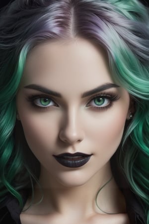A close-up shot of a dark and enigmatic vampire woman, her emerald locks cascading like a waterfall of night around her pale face. Her piercing grey eyes gleam in the dimly lit setting as she reveals razor-sharp fangs, her full lips curled into a sinister smile. A black shirt clings to her curvaceous figure, a subtle nod to the darkness that lies within. The camera lingers on her mystical green hair, weaving an eerie spell that draws the viewer in.