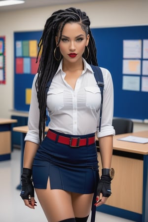 A sassy schoolteacher with dreadlocks and dark blue locks, her red lips gleaming as she stands confidently at the front of a modern classroom. She's dressed in a fitted black skirt, reminiscent of Lara Croft's adventurous attire, complete with utility belt-like accessories around her waist. The wide shot captures her striking pose, with the room's minimalist decor subtly highlighting her edgy yet alluring presence.