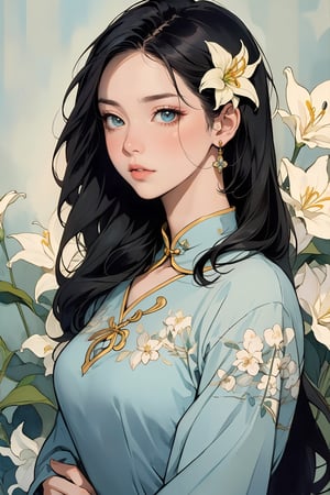 A Cinematic Masterpiece: A half-body portrait of a lovely lady with long black hair adorned with a hair flower, donning a stunning ancient cheongsam with intricate collarbone details. Her beautiful eyes, with realistic detailed skin texture, seem to hold a disgusted scowl, parted lips pursed in disapproval. Soft, warm lighting with bloom effect illuminates her delicate features, while the background subtly fades into a transparent watercolor of yellow lilies, reminiscent of Mucha's art style.