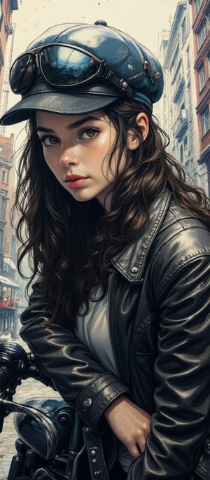 A stunning hyper-realistic charcoal artwork by Sasan, showcasing Maeve, a 18-year-old woman with dark hair and a newsboy cap. She is casually posed with a half-cut leather jacket, leaning on her motorcycle. The background features a captivating cityscape with towering buildings, creating a dynamic contrast between the subject and the urban environment. The artwork is enriched with oil varnish, showcasing deep and rich colors, and pays homage to the beauty of nature through a print collage of a woman's face in the style of Josef Kote, Grunge Beauty, Dain Yoon, and Cyan and Blue. The multi-layered composition and Antonio Mancini's influence result in a captivating and thought-provoking piece, displayed on a sustainable black iron panel. The charcoal sketch invites viewers. 