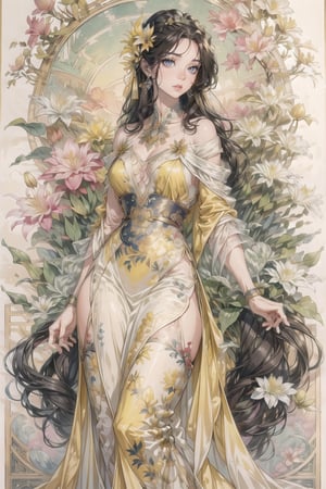 In a serene outdoor setting, a stunning lady with long black hair and a hair flower adorns her locks. Her delicate features are framed by ancient Chinese cheongsam clothing, adorned with intricate collarbone details and a subtle scowl. Her eyes, like two shimmering jewels, hold a mixture of disdain and sorrow. The realistic skin texture and detailed hair blend seamlessly into the soft focus background, where a transparent watercolor effect is achieved through the incorporation of a ((yellow lily)). The overall aesthetic is reminiscent of Mucha's art style, with an air of mystique and beauty that transports the viewer to ancient times.