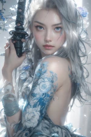  close-up,portrait,Line art,splatter,minimalist elegance,beautiful blue enchantress rose fairy,Tang Dynasty royal face ancient style beauty,high-definition fashion photography,high-end,ambiguous atmosphere,a woman with blue flowers on her face,in the style of anime art,luminous and dreamlike scenes,yanjun cheng,made of crystals,light white and silver,john pitre,cute and dreamy,in the style of chinapunk,romantic scenery,animated gifs,photo-realistic hyperbole,dark white and dark beige,heistcore,strip painting,Bright background,detailed depiction,Delicate face and costume details,lifelike appearance HD 16K,cinematic lighting,chiaroscuro,Arbitrary view,Medium Shot,hyperrealism,Hollywoodtyle,photography,HD Details,Detail Expression,Rich Details,