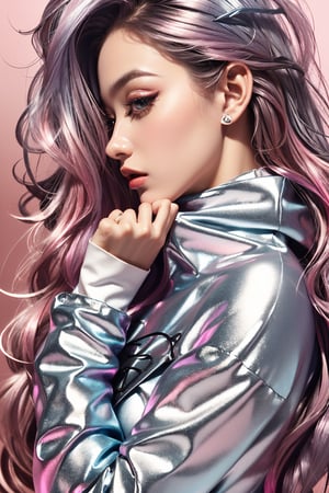  masterpiece, top quality, best quality,(close-up:1) (gradient Metallic tin foil background:1), ((1girl, gradient gradient hair)), ( gradient Metallic tin foil dress, pink eyeshadows)