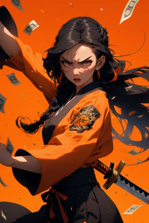 ((perspective lens, a woman with long hair,  dynamic pose of Serious and mean expression, two hands brandishing a big long samurai sword )) ((Pure orange background:1.2)),appears in her early twenties,captured mid-motion,with her long braided hair flowing. Her outfit is reminiscent of a bee,with a color palette of black and yellow,and she is tossing money casually,indicating a playful.,