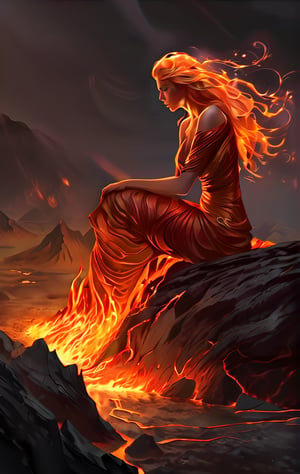 a hyperrealistic digital painting, a vengeful lava monster goddess, hunched over and turning to face us, long flowing glowing lava hair, lava rock body with fiery cracks, wreathed in flame, inspired by mtg artists and charlie bowater and da vinci, detailed backgrounds, 4d, smooth and crisp, atmospheric perspective, horror fantasy || a woman sitting on top of a rock covered in lava, dramatic digital art, woman crying, diffuse, soulslike, avatar image, there is a glow coming from her, nether, smoky lighting, dark soul, transforming