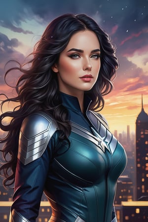 photo realistic, full body (Sarah Jordan), dressed in a very tight storm x man suit, black hair, long wavy hair (tetradic colors), no mask, night city background, inkpunk, full shot, cel-shading style, centered image, ultra detailed illustration, ink lines, strong contours, art nouveau, MSchiffer art, bold strokes, no frame, high contrast, cellular shading, vector, 32k resolution, best quality, procreation, watercolor technique, poster design, 300dpi, soft lighting, ethereal art, mysterious and serene expression, charming atmosphere, bokeh, photography, 8k, dark and dynamic action, pale faded style, dreamy nostalgic, soft focus, dark vignetting, light leaks, medium photography, art painting of shadows, ethereal photography, whimsical and rough grain